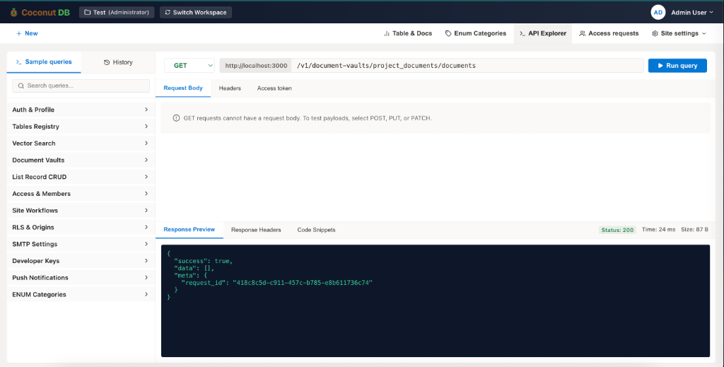 CoconutDB API Explorer Dashboard Interface