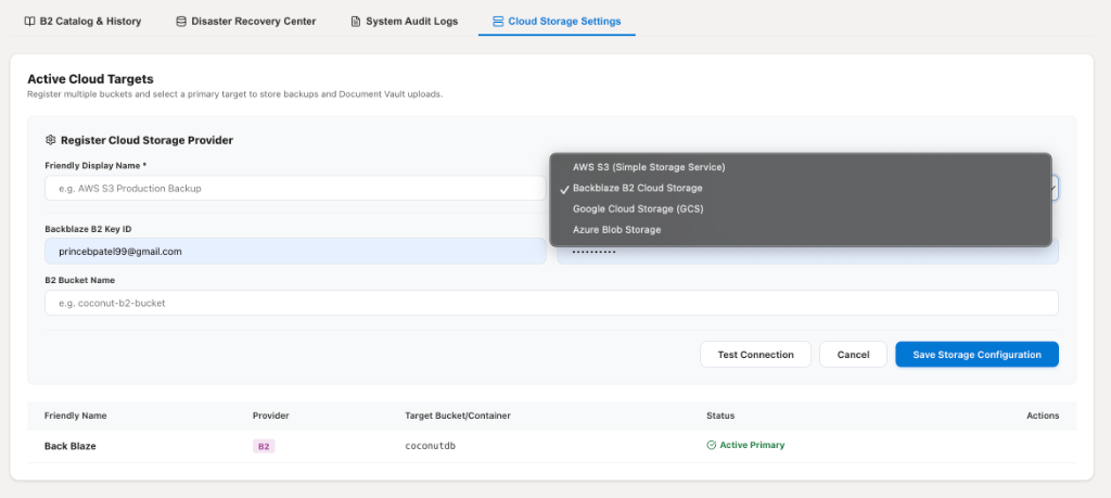Cloud Storage Settings Target Registration Panel