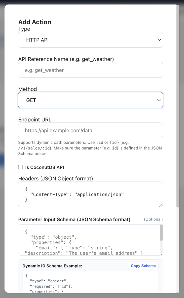 Add Action Tool configurations modal