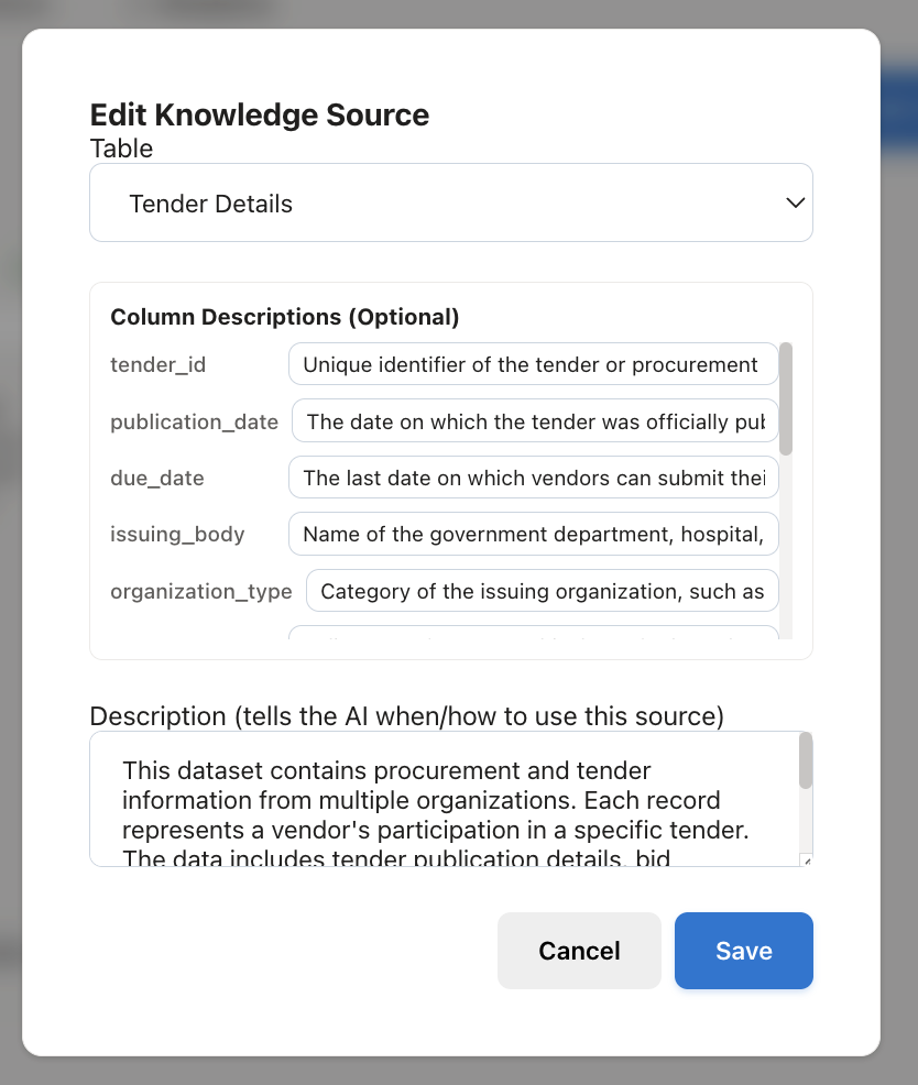 Edit table source column descriptions and prompts