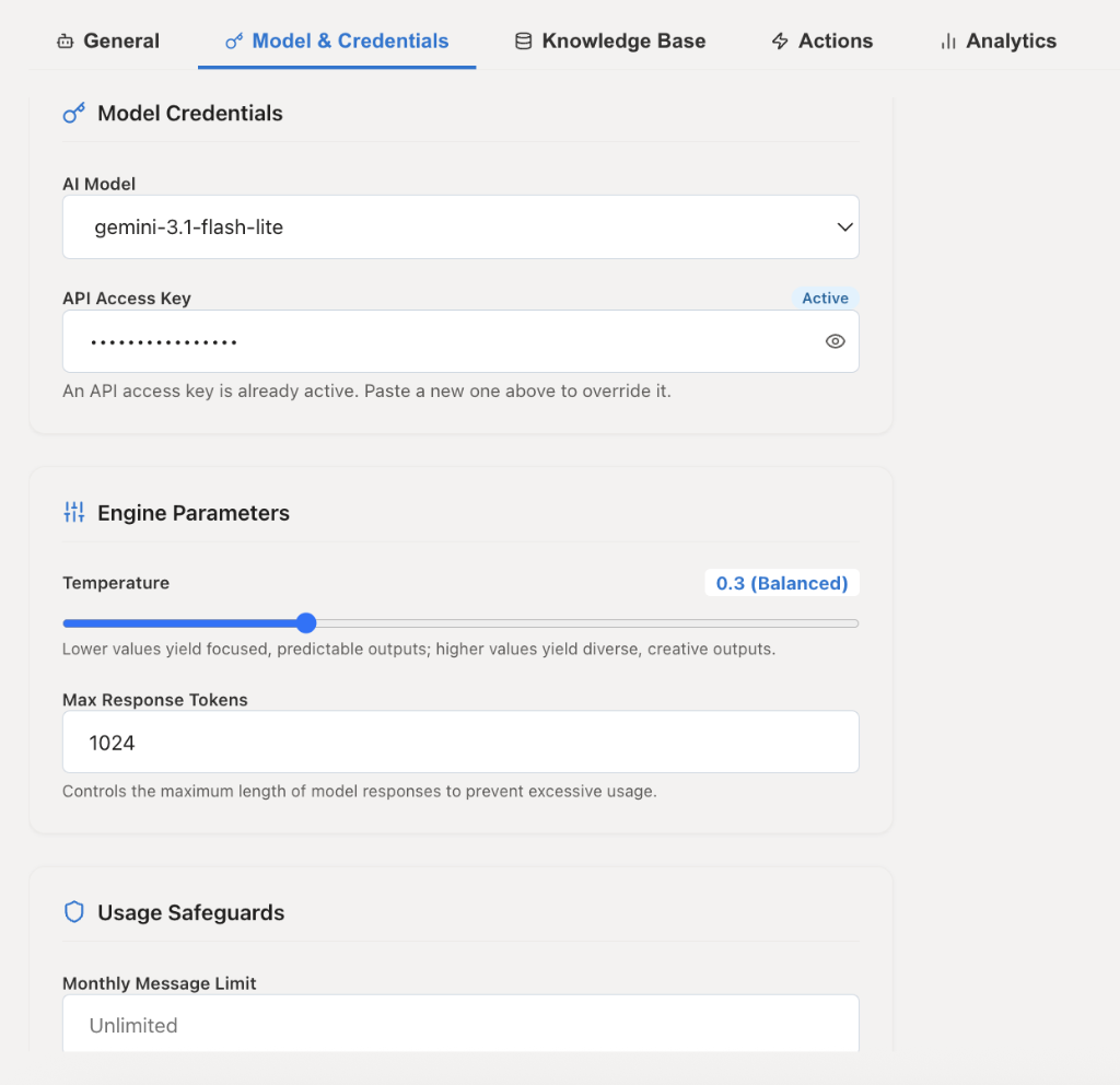Model Credentials, Engine Parameters & Usage Safeguards