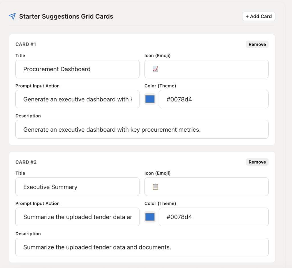 Starter suggestions grid cards manager