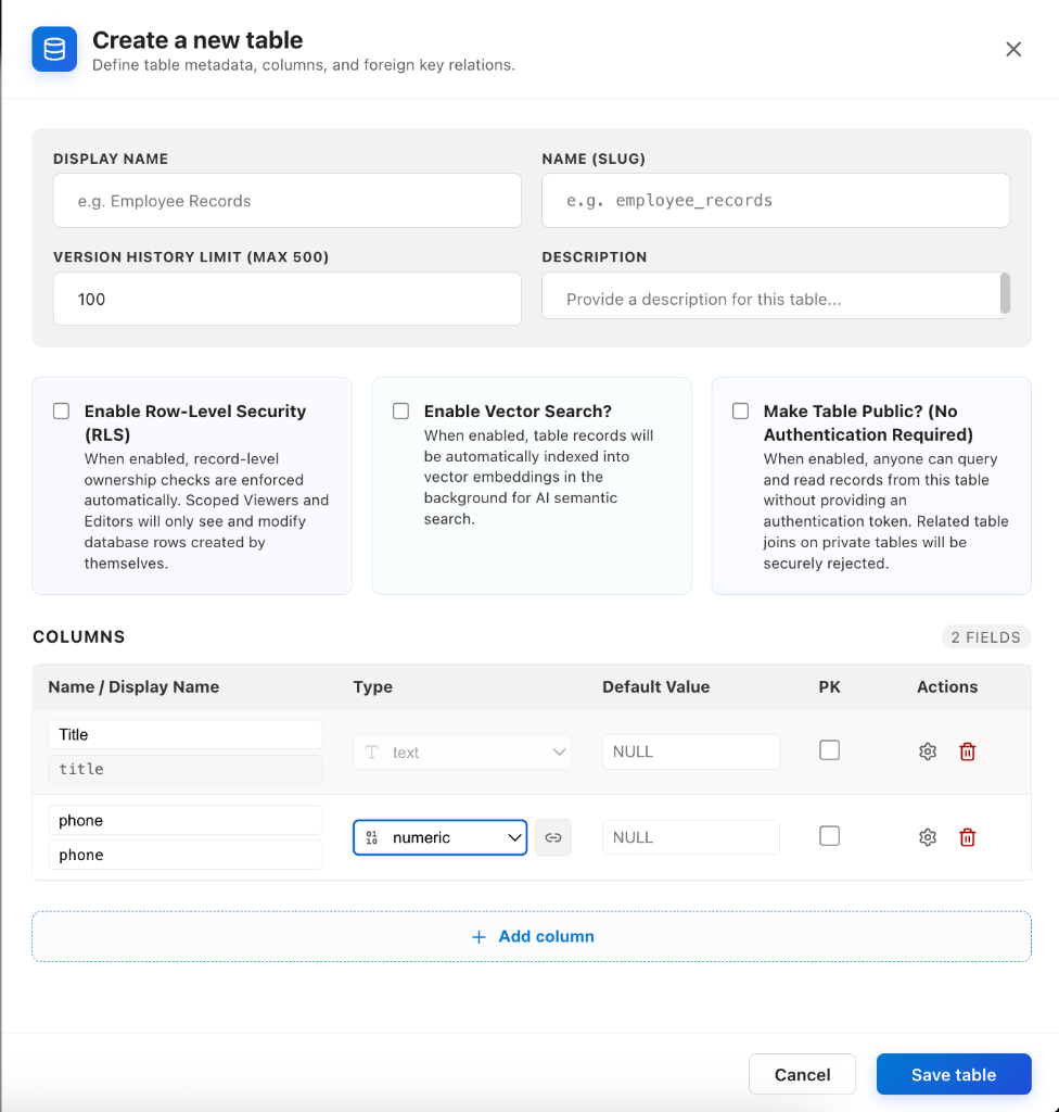 Create New Table Interface Form