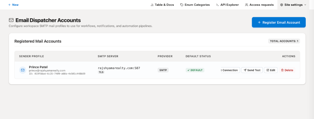 Email Dispatcher Accounts Dashboard