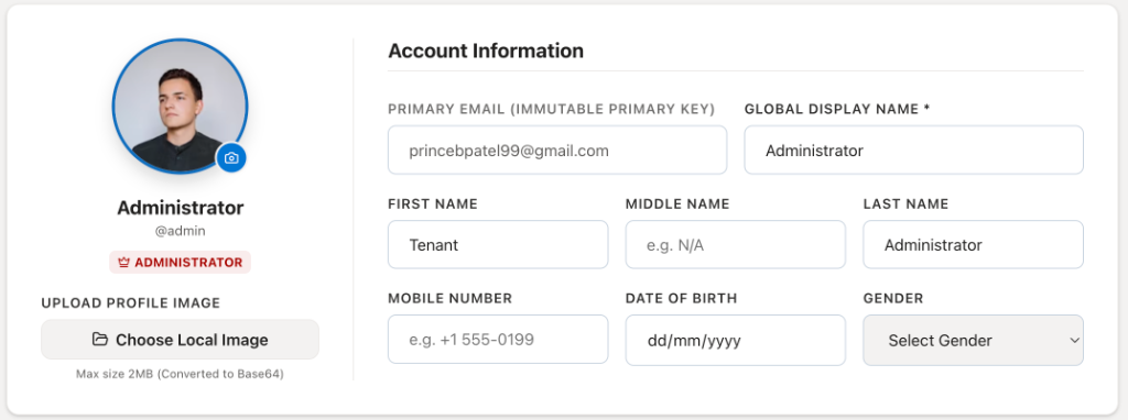 Account Profile Information Dashboard
