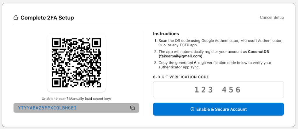 2FA Setup Verification Panel