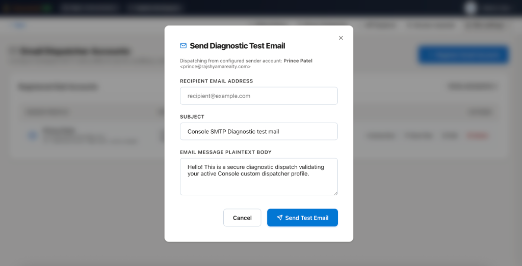 Send Diagnostic Test Email Validation Pop-up