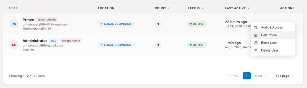User Administration Dropdown Menu